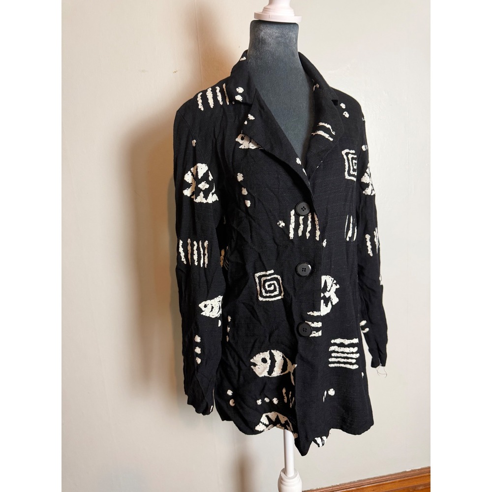 Michael Taylor Vintage Black White Tribal Fish Print Blazer Jacket boho coastal